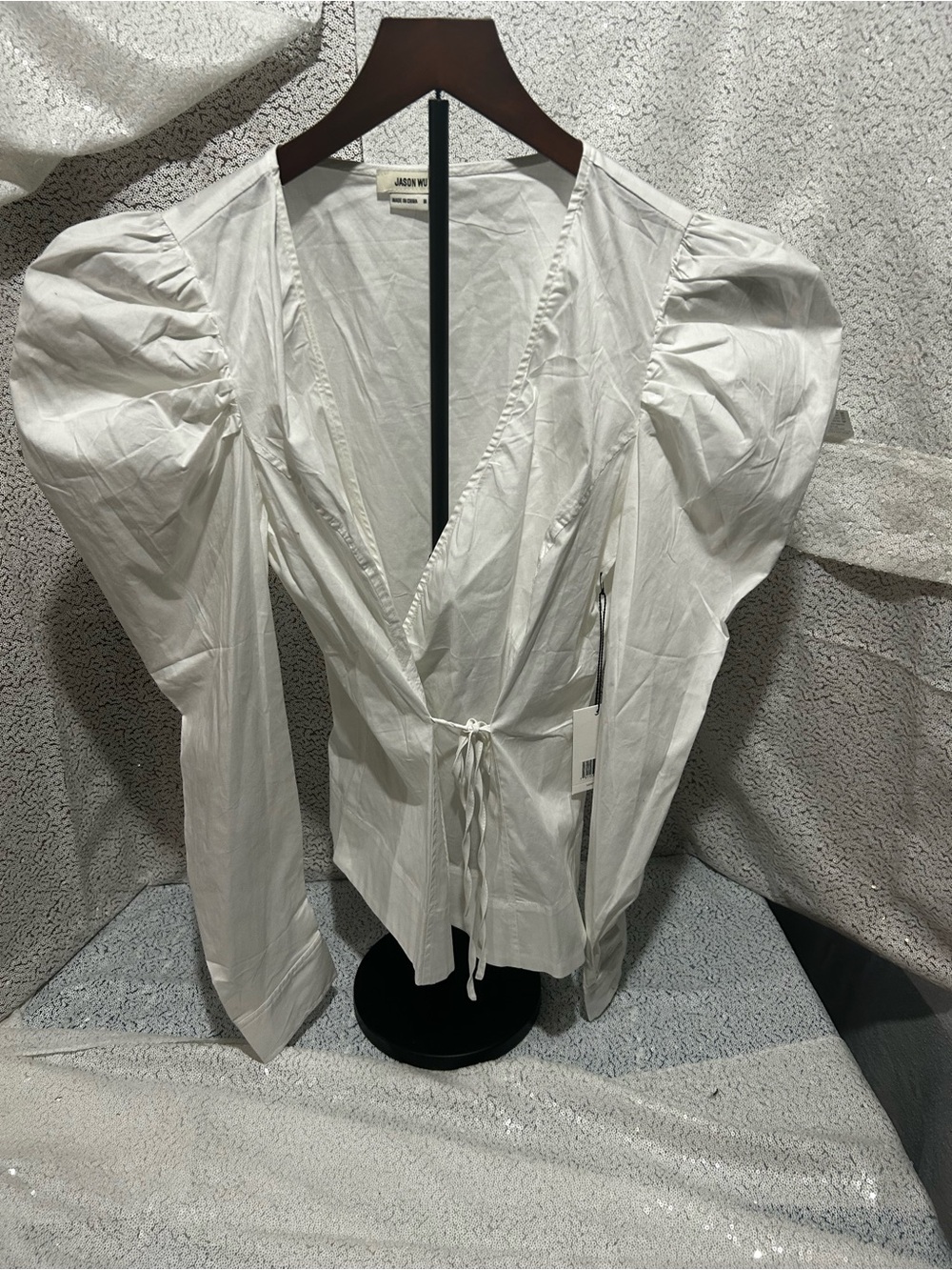 Jason Wu White Cotton puff sleeve wrap around blouse